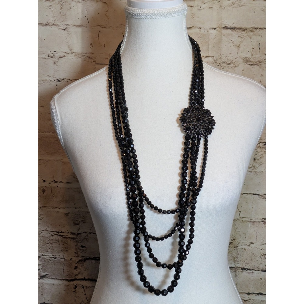 Long Multi Strand Beaded Necklace With Faceted Black Beads Rhinestone Accent